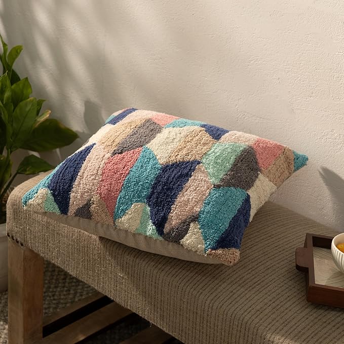 Tuffting Embroidery Decorative Throw Pillow Cover, 18 x 18 inches (Multi Geometrical)-Ruum Studio Home