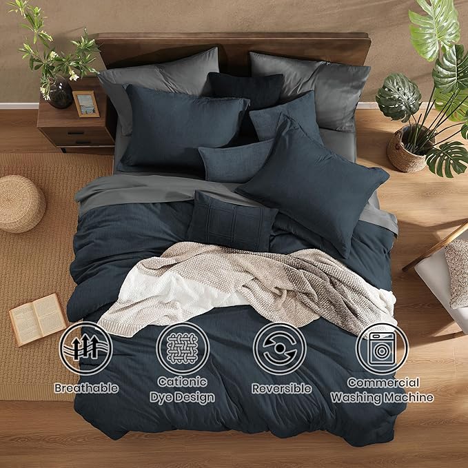 Monbix Full Size Comforter Set, Navy Blue Bedding Comforter for Full Size Bed Set Reversible, Bedding Sets Full 7 Pieces, Cationic Dyeing Bed in a Bag with Comforter, Sheets, Pillowcases & Shams-Ruum Studio Home