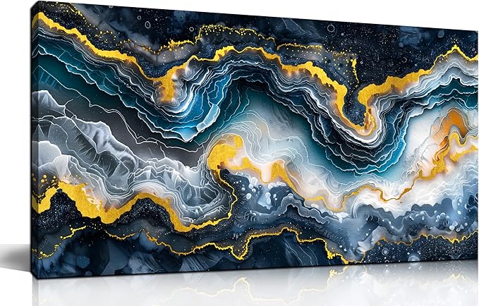 GUGIKA Abstract Wall Art for Living Room, Gold Black and Blue Canvas Wall-Art for Bedroom, Ocean Landscape Print Paintings, Size 40x20 Inches-Ruum Studio Home