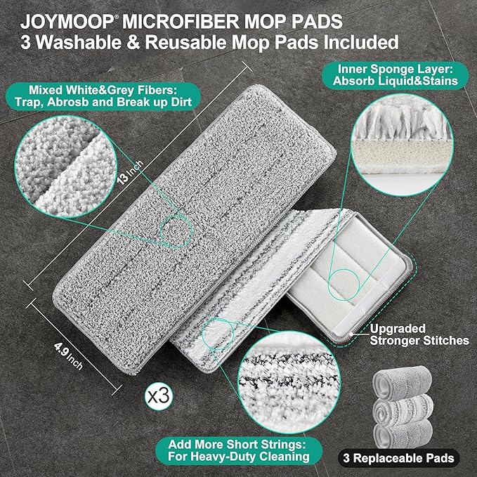 JOYMOOP Mop and Bucket with Wringer Set, Hands Free Flat Floor Mop and Bucket, 60" Mop with 3 Reusable Microfiber Pads, Wet and Dry Use, Floor Cleaning System-Ruum Studio Home