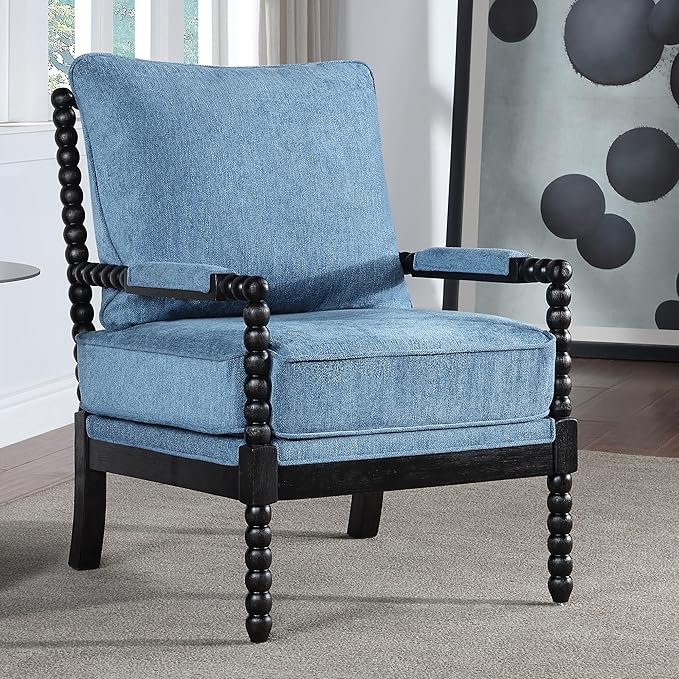 DUHOME Linen Fabric Spindle Accent Chair with Wood Frame,Modern Accent Spool Chairs with Padded Spring Seat and Brushed Blue Base for Living Room Bedroom Farmhouse Home Office Belcony-Ruum Studio Home