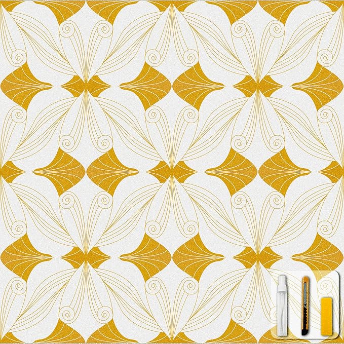 Window Privacy Film Stained Glass Decorative Static Clings Frosted Window Tint for Home Room Decor Bathroom Door Car Stickers with Glittering Effect, Removable(Golden Geometry)-Ruum Studio Home