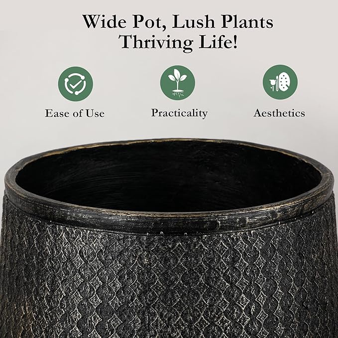 Worth Garden Large Round Planters Set of 2 (14.5"x17.5" & 12" x15“) - Lightweight Magnesium Oxide Cement Plant Pot with Texture - Concrete Look with Drainage Hole – Indoor & Outdoor Use - Black Gold-Ruum Studio Home