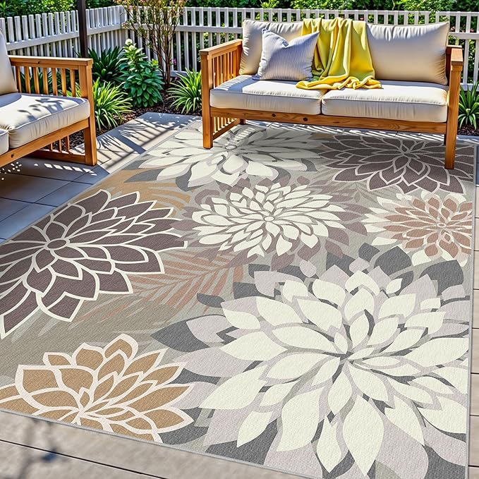 Indoor Outdoor Area Rug Washable Multicolored Patio Rug Tropical Botanical Modern Floral Indoor Outdoor Carpet Brown White Rug Non Slip Non Shedding for Patio, Deck, Backyard, Porch (5x8)-Ruum Studio Home