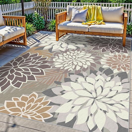 Indoor Outdoor Area Rug Washable Multicolored Patio Rug Tropical Botanical Modern Floral Indoor Outdoor Carpet Brown White Rug Non Slip Non Shedding for Patio, Deck, Backyard, Porch (5x8)-Ruum Studio Home