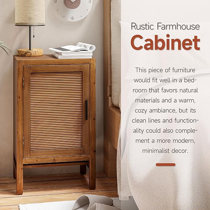 1 Door Farmhouse Nightstand, Rustic Slat Door Cabinet with 2 Shelves, Accent End Table with Storage for Bedroom, Brown-Ruum Studio Home