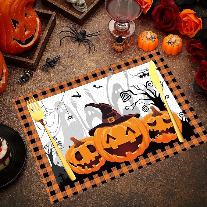 Honoson 100 Pieces Halloween Placemats Happy Halloween Fall Pumpkin Placemats Paper Halloween Place Mats Spooky Ghost Buffalo Plaid Kitchen Mat Double Sided Dinner Table Mats, 14 x 10 Inch-Ruum Studio Home