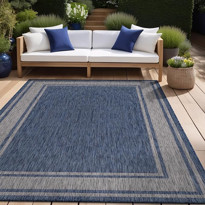 Beverly Rug Large Outdoor Rug 9x12 Modern Bordered Area Rugs for Indoor and Outdoor Patio Deck Porch Garden Waterproof Weather Sun Resistant Washable Outside Carpet (9 x 12 Navy)-Ruum Studio Home