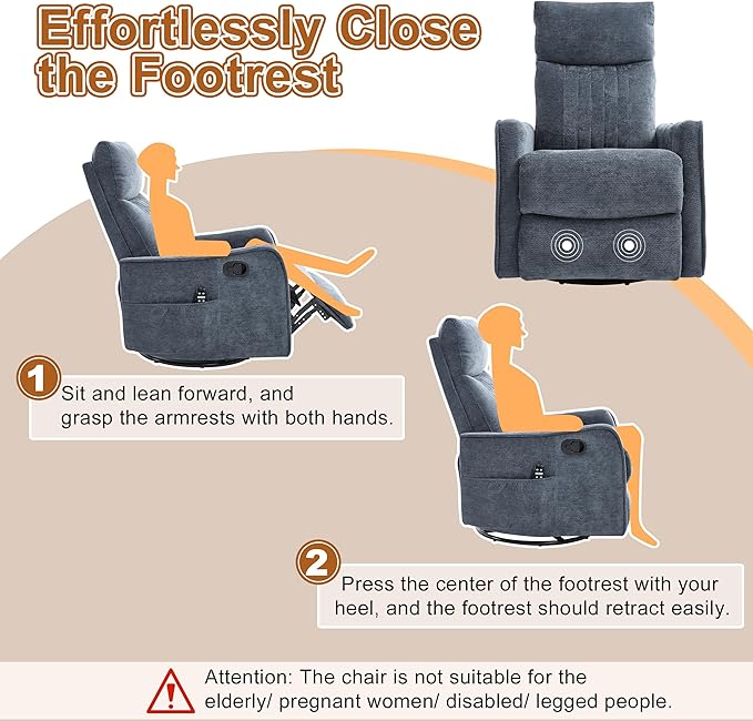 Manual Swivel Rocker Recliner Chair for Adults, Overstuffed Reclining Glider Chair for Nursing with Vibration Massage & Heat, Living Room Rocking Recliner 2-Stage backrest, Chenille Fabric Blue-Ruum Studio Home