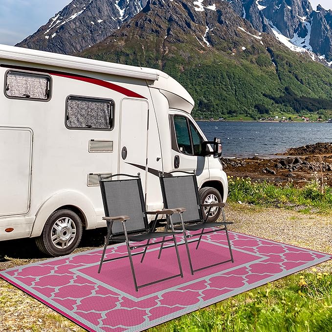 GENIMO 6' x 9' Outdoor Rug Waterproof for Patio Decor, Foldable Reversible Plastic Straw Area Rugs Mat for Camper, Outside Carpet for Rv, Deck, Porch, Picnic, Beach, Balcony, Pink & Grey-Ruum Studio Home