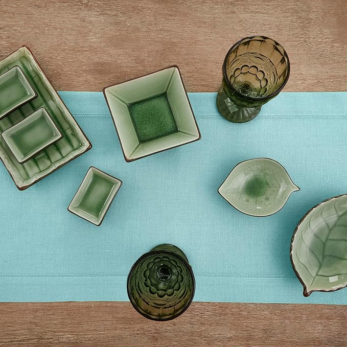 Solino Home Linen Aqua Blue Table Runner 90 Inches Long - 100% Pure Linen Hemstitch 14 x 90 Inch Table Runner for Dining - Classic Hemstitch-Ruum Studio Home