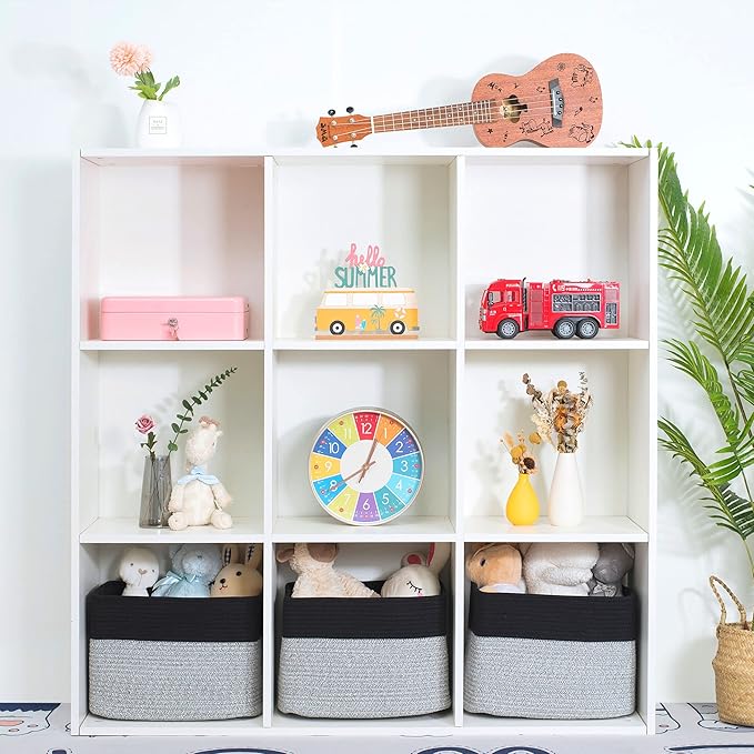 MINTWOOD Design 3-Pack Storage Baskets for Shelves, Playroom Classroom Storage Basket, Book Basket, Decorative Storage Cube Bins, Woven Closet Organizers, Pantry and Shoe Organizer, Black Light Grey-Ruum Studio Home