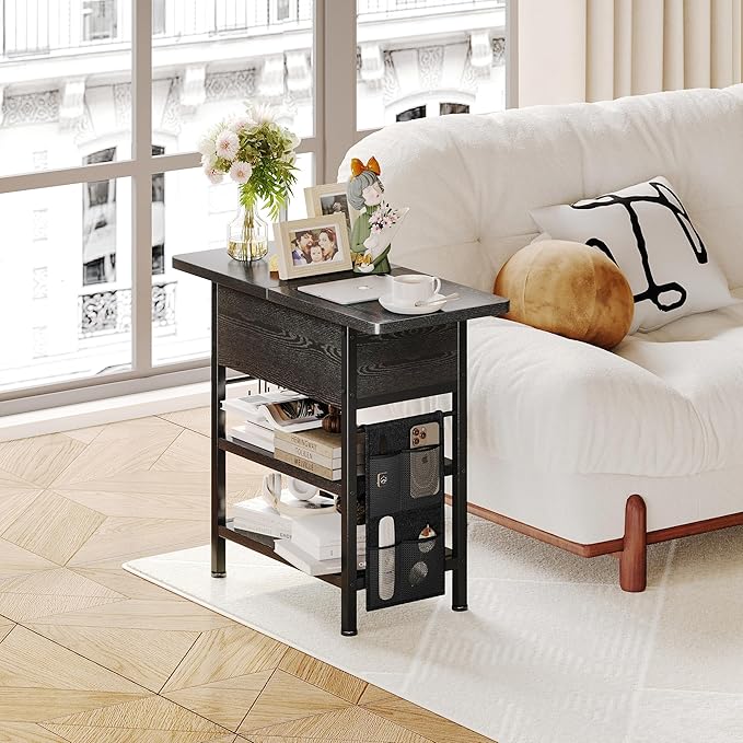 End Table with Charging Station, Flip Top Nightstand with USB Ports and Outlets,Couch Side Table with Fabric Bag and Hooks, Bedside Table for Space Saving, Living Room, Bedroom (Black)-Ruum Studio Home