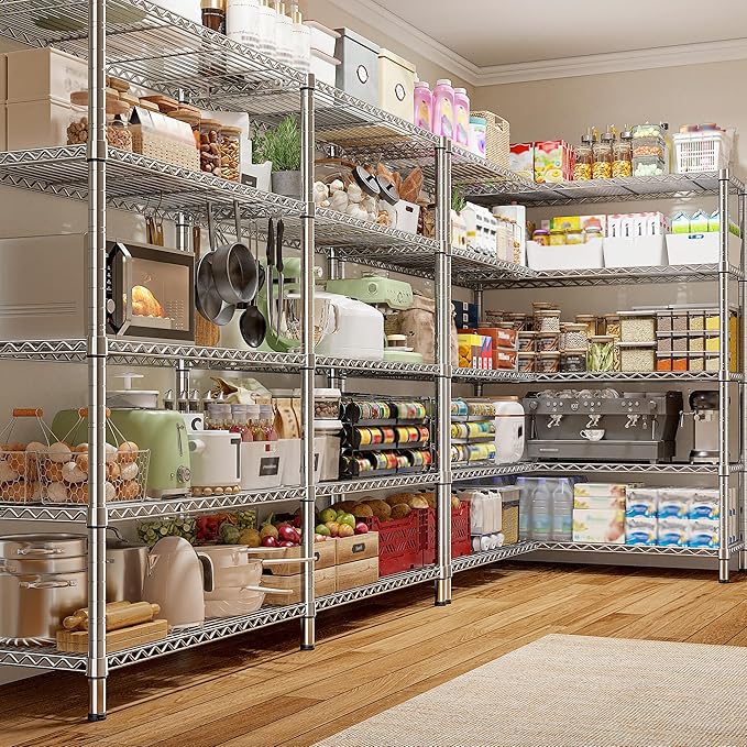 REIBII 1500LBS Storage Shelves 61.7''W Wire Shelving Unit 5 Tier Metal Shelving for Storage Rack Shelves Heavy Duty Garage Shelf Pantry Shelves Kitchen Shelving, 61.7" W*72.4" H*15.8" D, Chrome-Ruum Studio Home