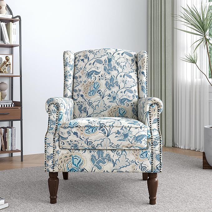 Lumibee High Back Accent Chair, Armchair in Fabric,Comfy Upholstered Wingback Single Sofa Reading Chair with Solid Wood Legs for Living Room,Bedroom,Office-Boho Blue-Ruum Studio Home