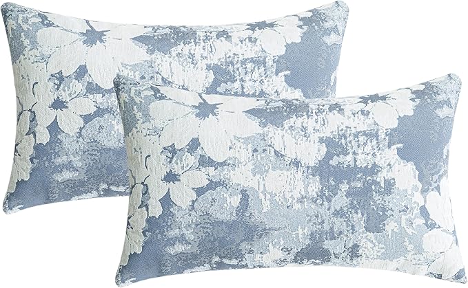 Jacquard Throw Pillow Covers 12x20 Inch Set of 2 - Vintage Floral Boho Pillow Cases with Botanical Pattern | Farmhouse Decor for Couch Living Room | Soft Textured Neutral Trio Dusty Blue 12" x 20"-Ruum Studio Home