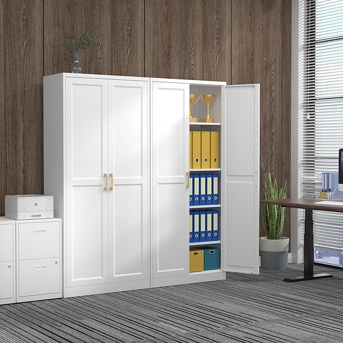 71" Tall Metal Pantry Cabinet, White Kitchen Pantry Storage Cabinet with 4 Adjustable Shelves and Gold Handles, Cupboard for Kitchen, Dining Room, Living Room, Bathroom-Ruum Studio Home