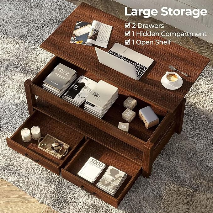 Rolanstar Coffee Table, Lift Top Coffee Table with Drawers and Hidden Compartment, Retro Central Table with Wooden Lift Tabletop, for Living Room,Espresso-Ruum Studio Home