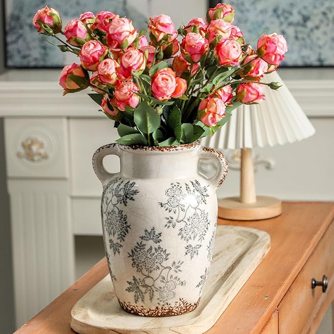 Enra Vintage vase with Handle,9.4 inch Blue and White Ceramic Decorative Flower vase, Chinoiserie Floral Vase,Large Rustic Vases for Home Decors, Living Room, Bookshelf, Office-Ruum Studio Home