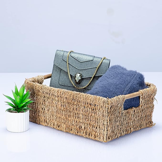 Large Natural Wicker Basket Rectangular with Wooden Handles, Seagrass Storage for Organizing, Shelves 15.5 x 10.6 x 5.5 inches-Ruum Studio Home