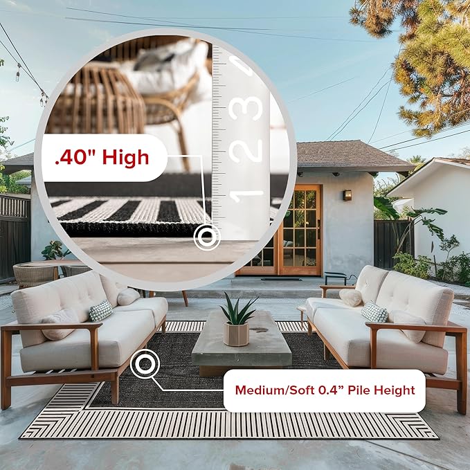 nuLOOM 5' x 8' Outdoor Area Rug, Casual Design With Striped Border, Stain Resistant, Highly Durable, For Patio, Balcony, Bedroom, Living Room, Dining Room, Bathroom, Black-Ruum Studio Home