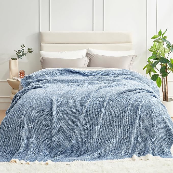 Snuggle Sac Queen Size Bed Blanket Heather Blue, Reversible Super Soft Microfiber Blankets Warm Cozy Knit Fuzzy Plush Bed Blankets, Blue, Queen 90x90-Ruum Studio Home