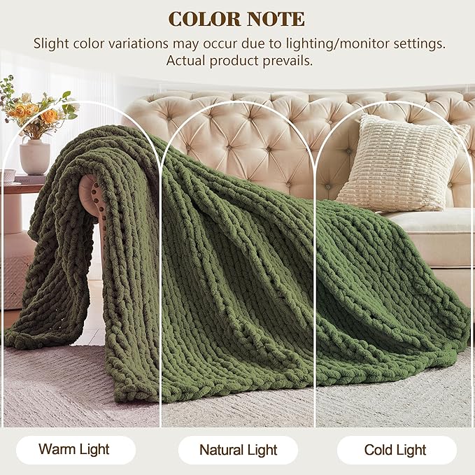 Carriediosa Chunky Knit Throw Blanket 60" X 80" Twin, 100% Hand Made Large Chenille Loop Yarn Soft Fluffy Throws for Couch Sofa Bed, Big Crochet Cozy Heavy Thick Cable Woven Blankets, Olive Green-Ruum Studio Home