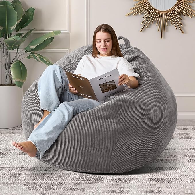 3.5FT Bean Bag Chairs Teardrop Bean Bag Chair for Adults Beanbag Chair with Memory Foam Filled Machine Washable Cover for Living Room, Bedroom (Large,Grey)-Ruum Studio Home
