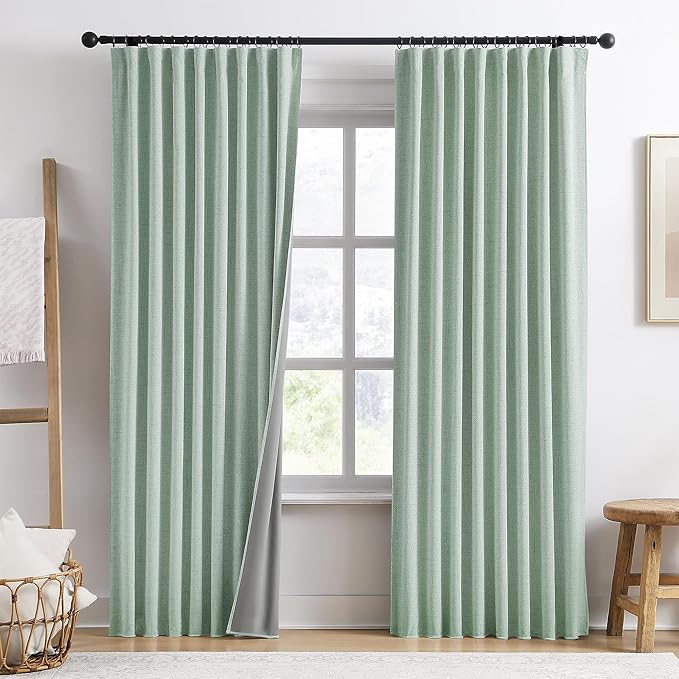 RAIN CITY Light Green Linen Blackout Curtains 90 Inch Long for Living Room,2 Panels Pinch Pleated Drape with Hooks Back Tab Boho Decor, Textured Full Black Out Curtains for Bedroom 50 x 90-Ruum Studio Home