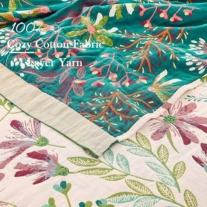 Boho Throw Blanket for Bed, 100% Cotton Soft Rustic Quilt Fall Blanket, 90"x98" Floral Printed Farmhouse Decor Bed Blankets, All Season Rustic Reversible Bohemian Throw Quilt-Ruum Studio Home