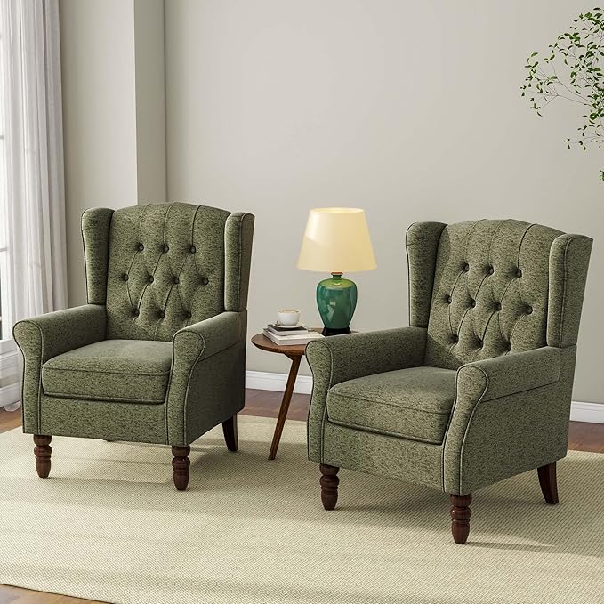 Accent Chair, Upholstered Armchair with Button Tufted High Back & Solid Wood Legs, Comfy Wingback Reading Single Sofa Chair for Small Spaces, Living Room, Bedroom (Green, Set of 1)-Ruum Studio Home