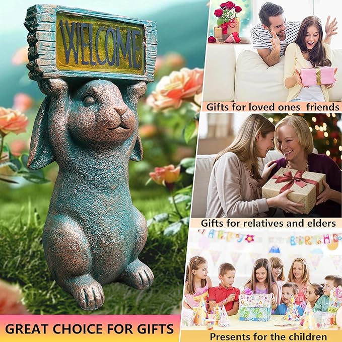 Rabbit Solar Welcome Garden Statues Outdoor Décor-Rabbit Figurines Solar LED Light Lawn Ornaments - Yard Decorations for Patio, Balcony, Backyard -Unique House Warming Gifts for Mom-Ruum Studio Home