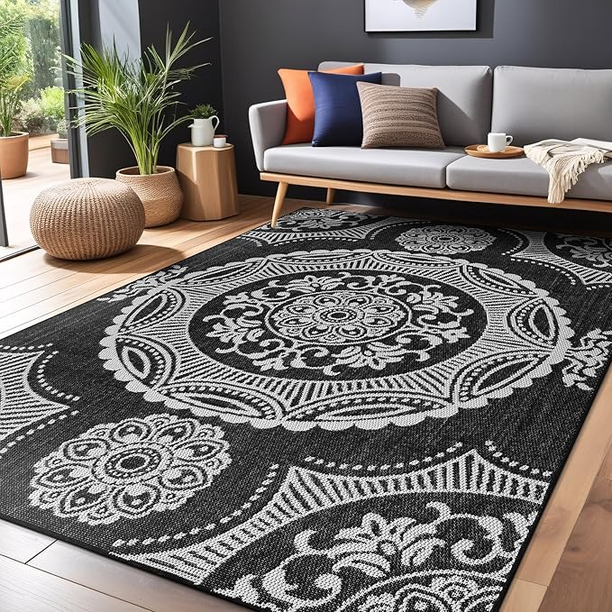Medallion Outdoor Rug 10x14 Washable Outside Carpet for Indoor Patio Porch Waterproof Easy Cleaning Non Shedding Area Rugs Black 10 x 14-Ruum Studio Home