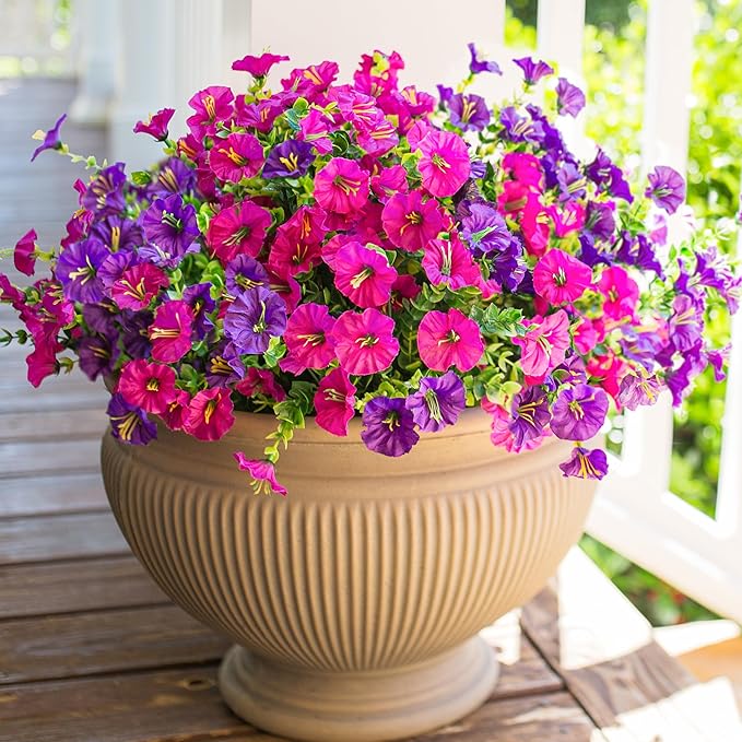 Artificial Flowers for Outdoors Fake Plants Outside Decoration, 12 Bundles Silk Colorful Morning Glory with Eucalyptus UV Resistant Realistic Faux Flowers for Planter Porch Patio Yard Garden-Ruum Studio Home