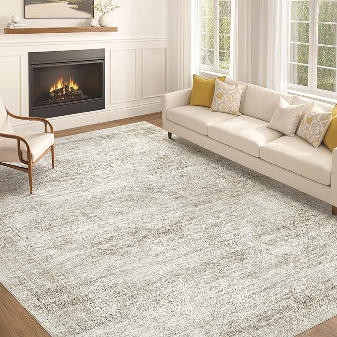 Washable Area Rugs for Living Room -10x14 Neutral Vintage Distressed Floral Farmhouse Boho Large Soft Floor Rug Indoor Non Slip Carpet for Living Room Bedroom Dining Room Office-Beige-Ruum Studio Home