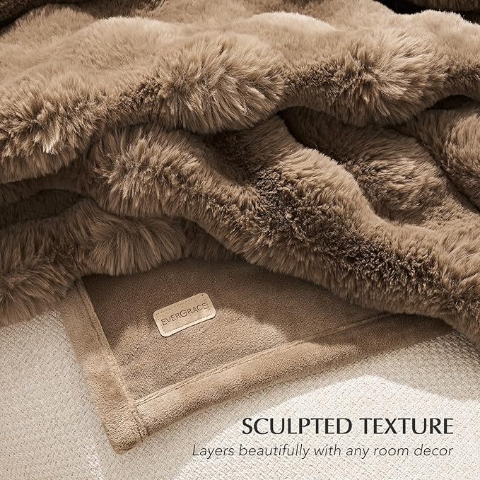EVERGRACE Ultra Soft Luxury Fluffy Ridgeline Faux Rabbit Fur Throw Blanket, Thick Warm Fuzzy Blankets for Bed, Cozy Plush Reversible Blanket for Couch, Chair, Sofa, Natural Tan, 60x80 Inches, 870 GSM-Ruum Studio Home