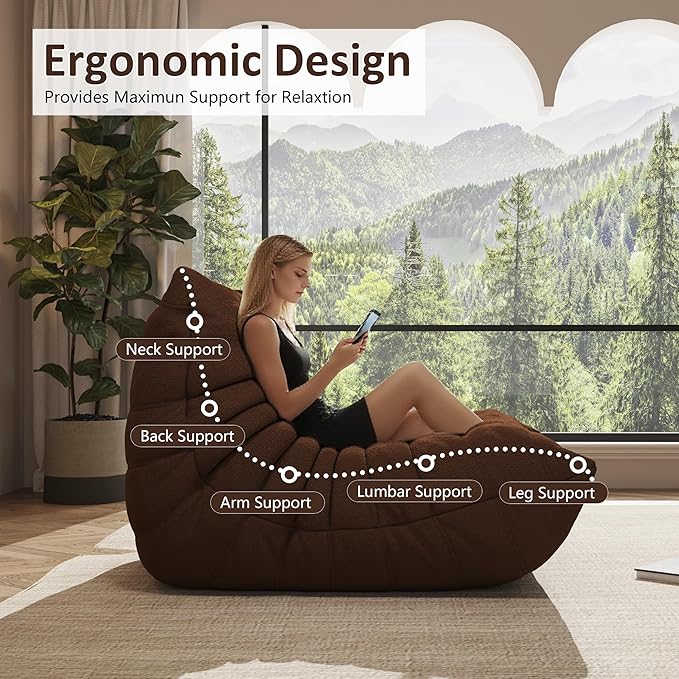 Bean Bag Chair, Oversized Loveseat Fireside Chair for Adults, 2 Seater with Memory Foam Filled, Lazy Sofa Lounge Floor Sofa for Living Room, Bedroom, Office, No Assembly Required. (Coffee)-Ruum Studio Home