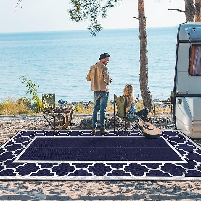 GENIMO 9' x 18' Outdoor Rug Waterproof for Patio, Foldable Reversible Plastic Straw Area Rugs Mat for Rv Decor, Outside Carpet for Camper, Deck, Picnic, Beach, Balcony, Porch, Blue & White-Ruum Studio Home