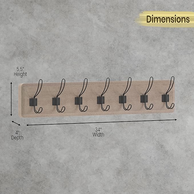 HBCY Creations Weathered Solid Wood Wall Mounted Coat Rack with Shelf, 7 Hooks, 34" Long - Kitchen, Mudroom, Entryway, Bathroom - Includes Mounting Hardware, Coat Hanger, Dog Leash Hooks, Towel Rack-Ruum Studio Home