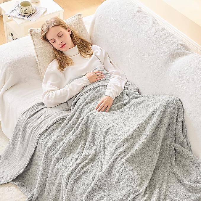 EMME Muslin and Fleece Queen Blanket Reversible - 80"*90" Grey Soft Warm Throw Blankets for Couch Bed Picnic Travel Bed-Ruum Studio Home