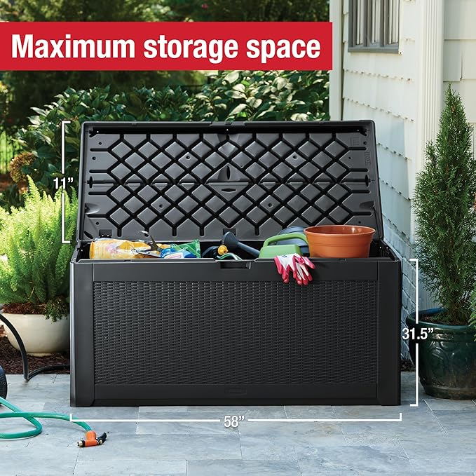 Rubbermaid Extra Large Resin Outdoor Storage Deck Box (134 Gal), Weather Resistant, Black, Deck Organization for Home/Backyard/Pool Chemicals/Toys/Garden Tools/Porch/Patio Cushions-Ruum Studio Home