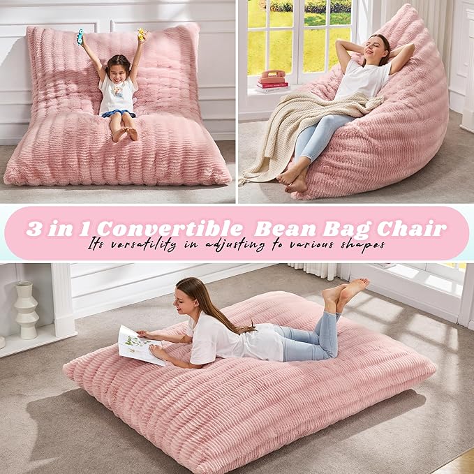 Hobestluk 3 in 1 Bean Bag Chair Giant Bean Bag Chairs for Adults with Ripple Cover Convertible Bean Bag Floor Cushion with Machine Washable Cover for Living Room (Ripple Pink)-Ruum Studio Home