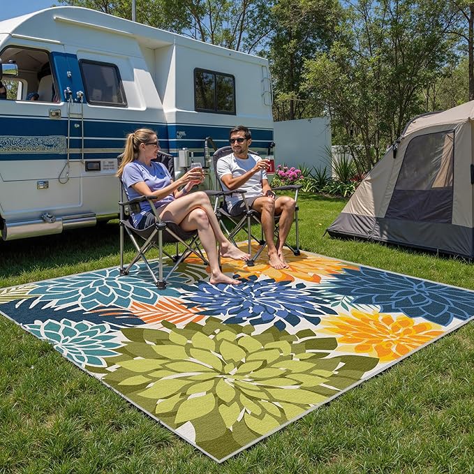 Indoor Outdoor Area Rug Washable Multicolored Patio Rug Tropical Botanical Modern Floral Indoor Outdoor Carpet Non Slip Yellow Green Rug Non Shedding for Patio, Deck, Backyard, Porch (5x8)-Ruum Studio Home