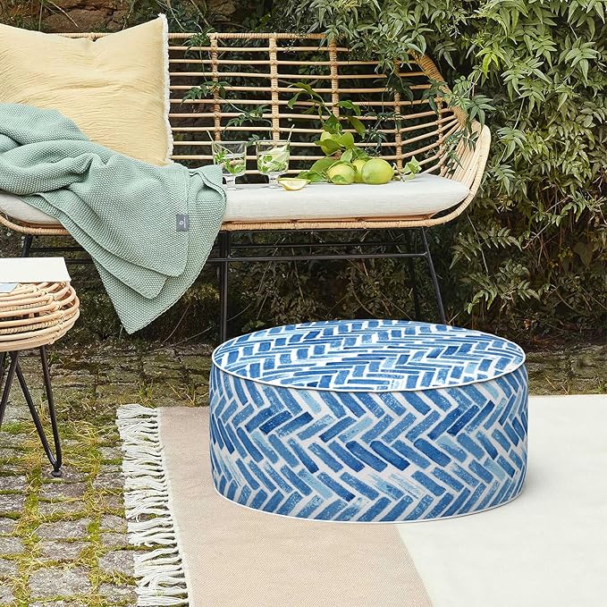 LVTXIII Indoor/Outdoor Inflatable Ottoman, All Weather Round Footrest Stool D21”x H9”, Portable for Patio Garden Camping or Home-Blue Bricks-Ruum Studio Home