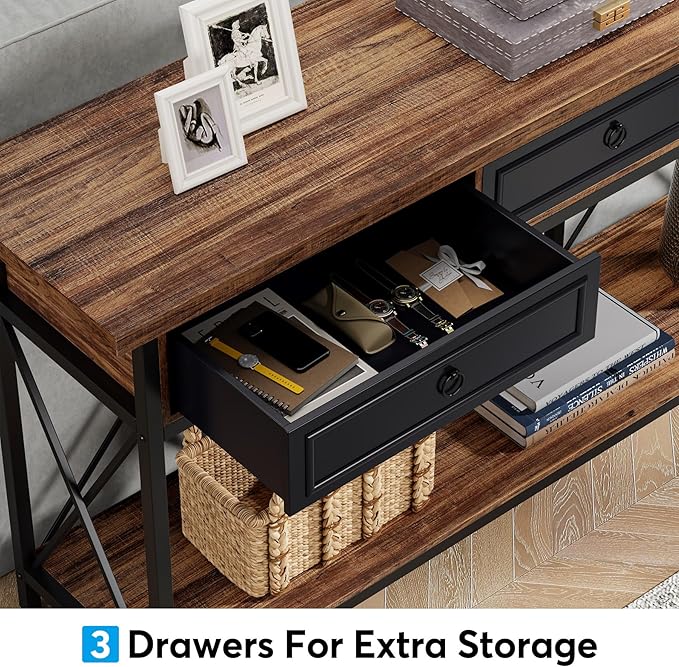 Tribesigns 70.8" Console Table with 3 Drawers, Farmhouse Entryway Table with Storage Shelf, Narrow Long Sofa Foyer Table for Entryway, Hallway (Brown/Black)-Ruum Studio Home