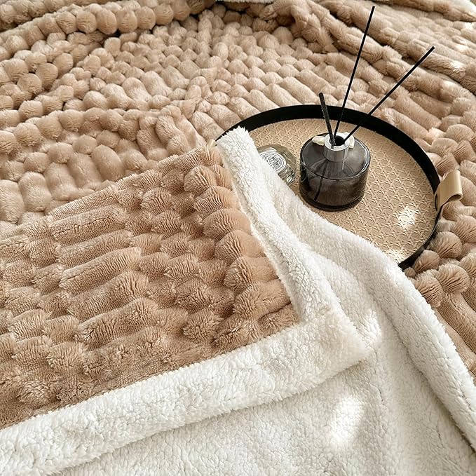UKELER Sherpa Throw Blanket 60 × 80 inch, 470 GSM Striped Sherpa Fleece Blanket for All Season, Warm and Cozy Blankets for Couch Sofa Bed Office Camping, Camel-Ruum Studio Home