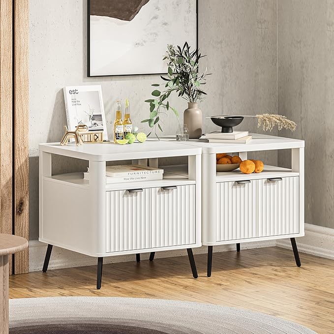 Nightstand with Charging Station, 24" End Table Side Table with Open Shelf, Modern Large Wood Fluted Bedside Cabinet for Bedroom, Living Room, White-Ruum Studio Home