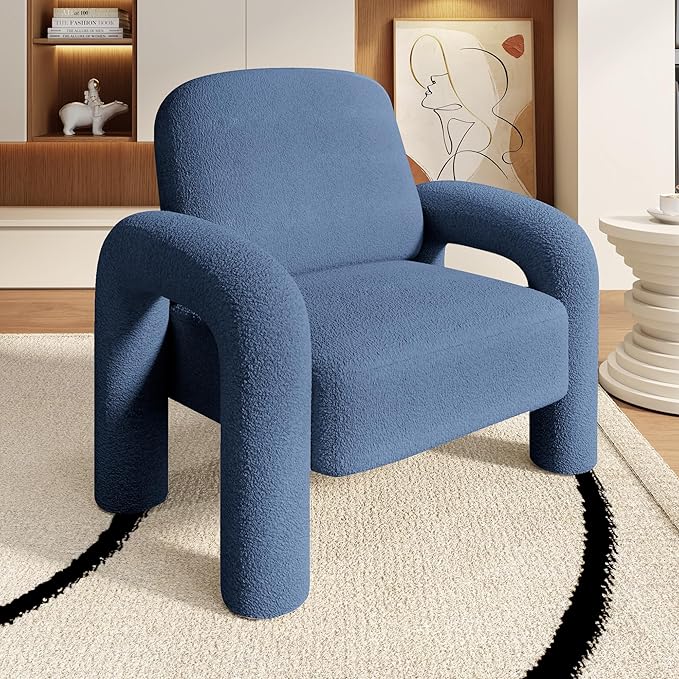 Modern Sherpa Accent Chair, Teddy Upholstered Arm Single Sofa, Cozy Fluffy Reading Chair for Living Room, Bedrooms, Corner (Navy Blue)-Ruum Studio Home