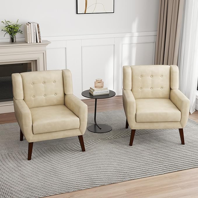 UIXE PU Leather Accent Chairs Set of 2, Modern Arm Club Chair Upholstered Armchair for Living Room, Comfy Single Sofa Seats Button Tufted Reading Seating, Cream-Ruum Studio Home