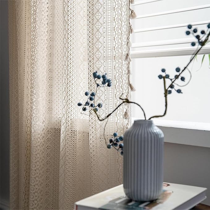 Sutuo Home Boho Curtains Crochet Lace Sheer Bohemian Stylish with Tassels, Window Treatment Privacy Vintage Rustic Farmhouse Drapes for Bedroom Living Room, Rod Pocket 1 Panel 59" W x 102" L, Beige-Ruum Studio Home